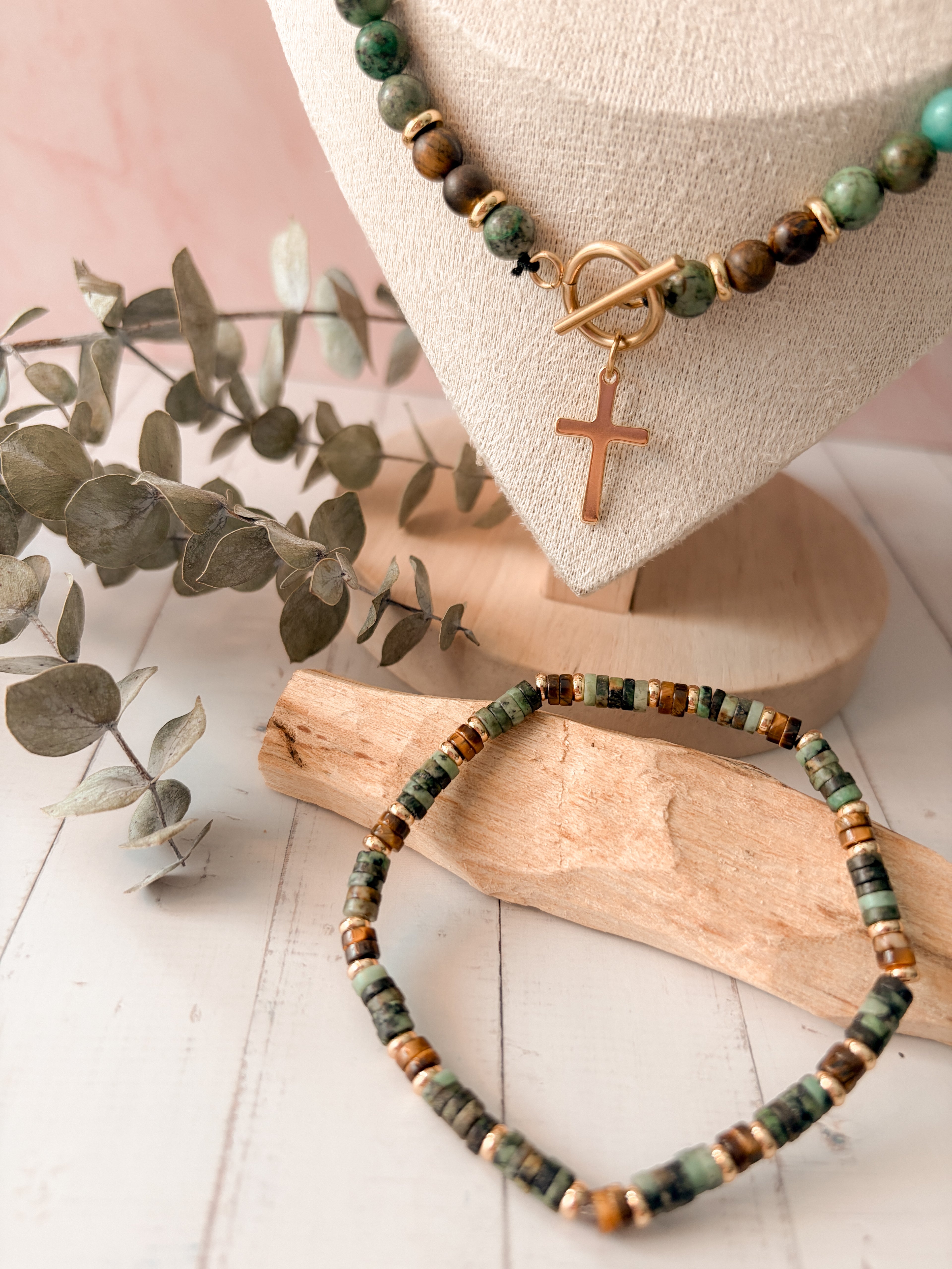 Vertrauen & Mut - Afrikanischer Türkis & Tigerauge – Set aus Halskette und Armband